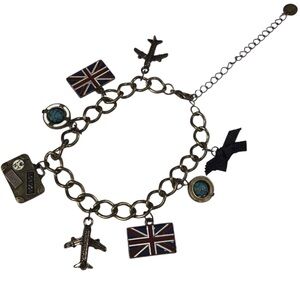 Claires Bracelet Charms Airplane Globe Suitcase British Flag NY London Paris
